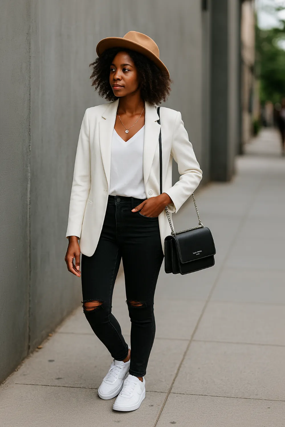 Weißer Blazer, schwarze Jeans & weiße Sneaker – Streetstyle für moderne Frauen Weißer Blazer, schwarze Jeans & weiße Sneaker – Streetstyle für moderne Frauen