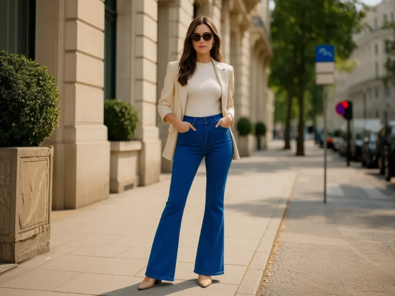 Stylish woman in beige blazer with white top and blue flared jeans walking confidently in the city