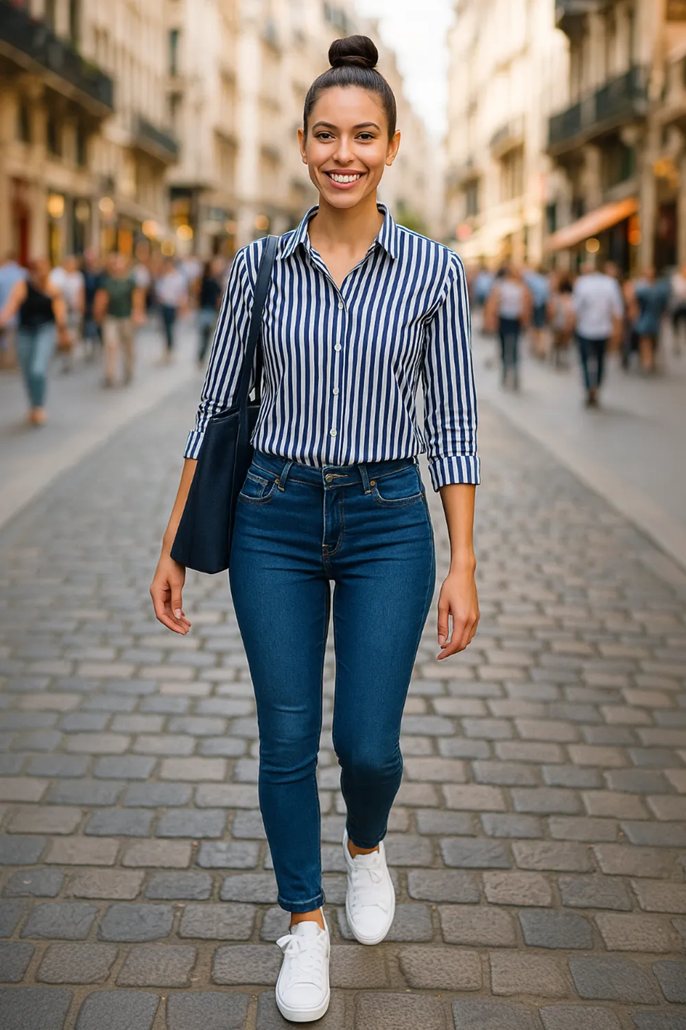Blue and White Striped Blouse with Jeans and White Sneakers Outfit Woman wearing a blue and white striped blouse, jeans, and white sneakers for a casual everyday look