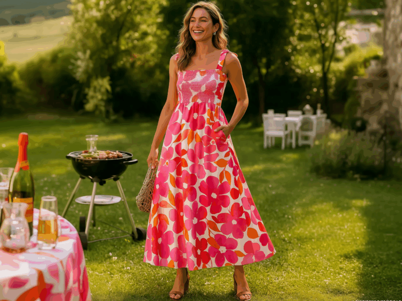 Smiling woman wearing a colorful floral maxi dress at a summer garden party with drinks and barbecue
