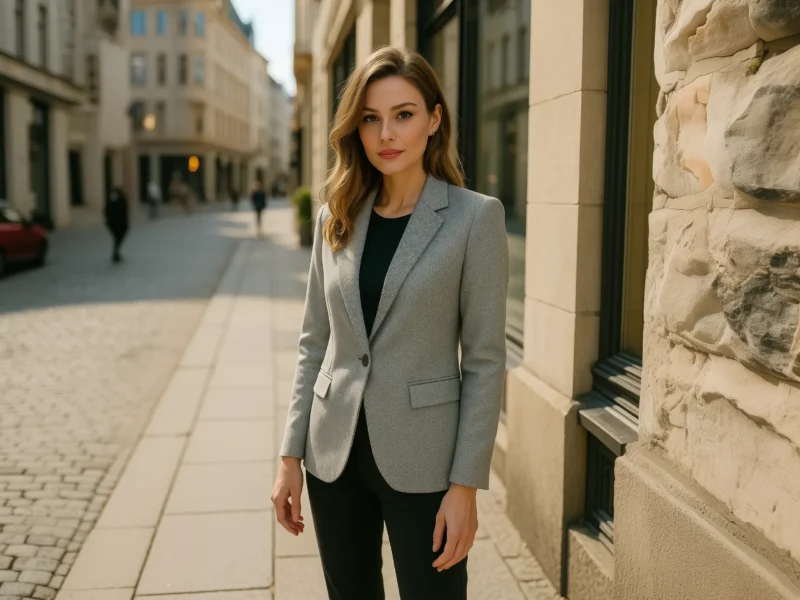 Confident young woman wearing grey blazer and black pants in an elegant business street style look
