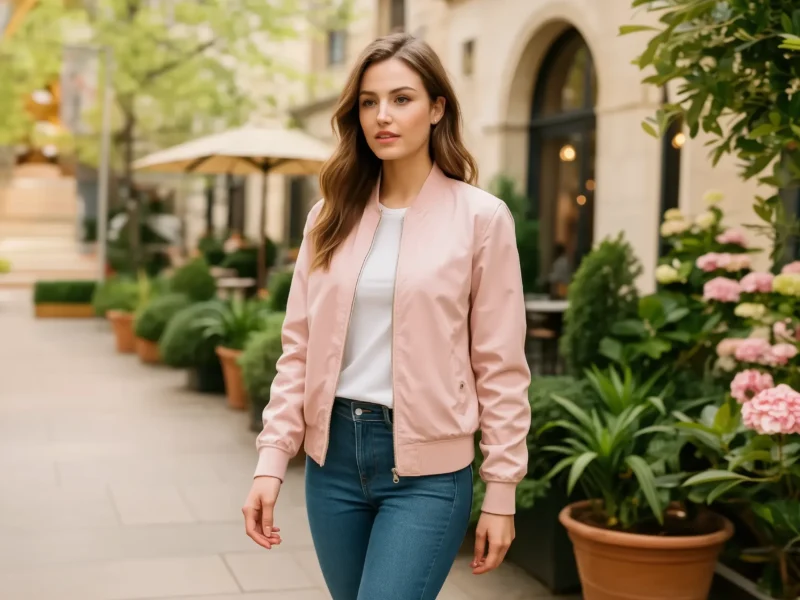 Young woman in pink bomber jacket with jeans walking in stylish street setting