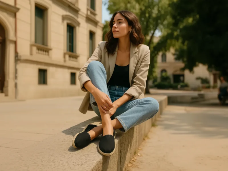 Woman sitting outdoors in a casual spring outfit with light jeans, a beige blazer and trendy black espadrilles