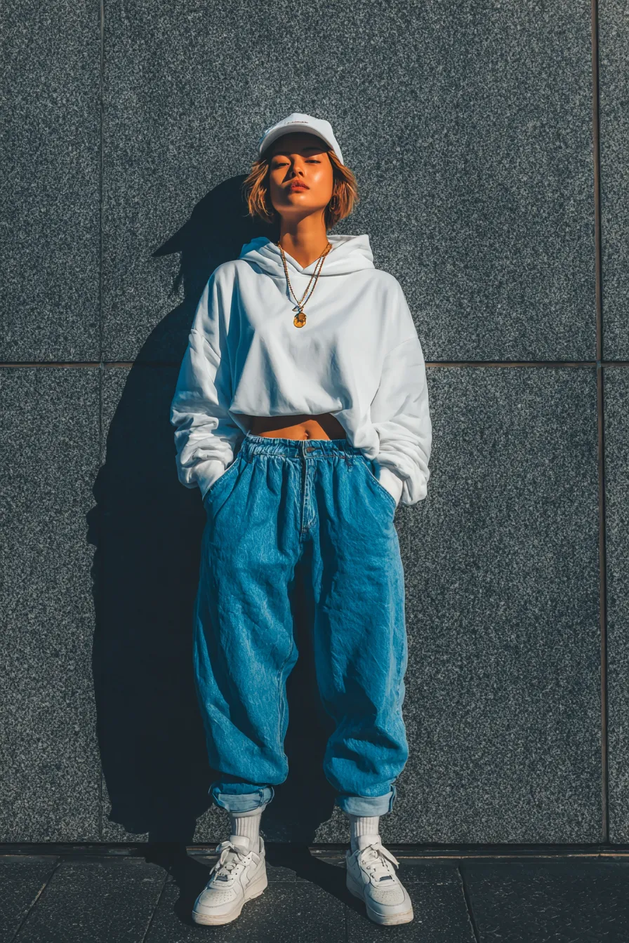 Trendy woman wearing ultra-baggy blue jeans, a cropped white hoodie, and white sneakers standing confidently against a modern stone wall.