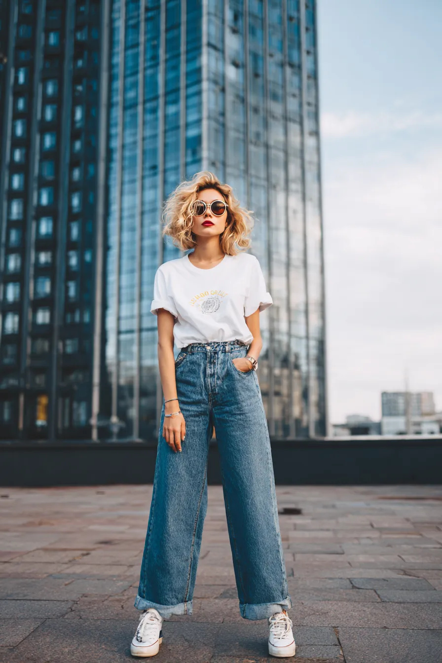 Young woman in high-waisted baggy blue jeans and a tucked white t-shirt posing in an urban setting with sneakers and sunglasses
