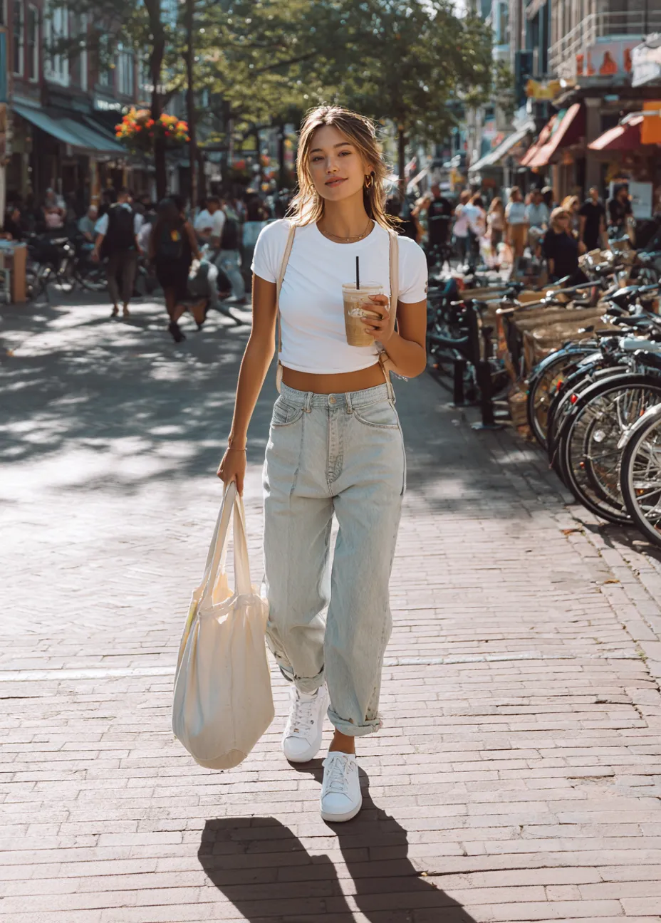 Stylish young woman walking through the city wearing baggy pants, a white crop top, and sneakers, holding an iced coffee and tote bag.