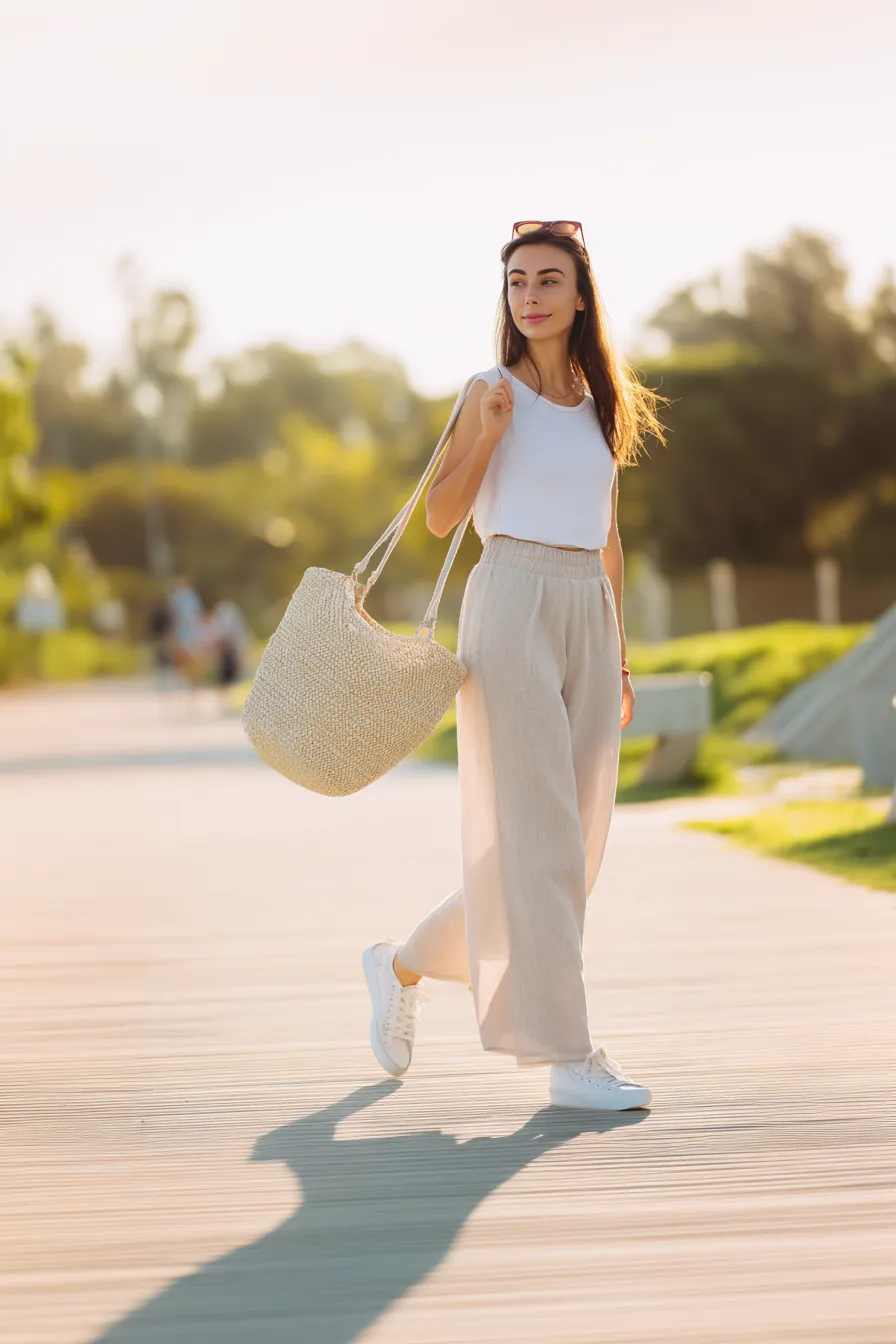 Young woman wearing beige baggy pants and a white tank top walking outdoors with a straw tote bag and white sneakers in sunny weather