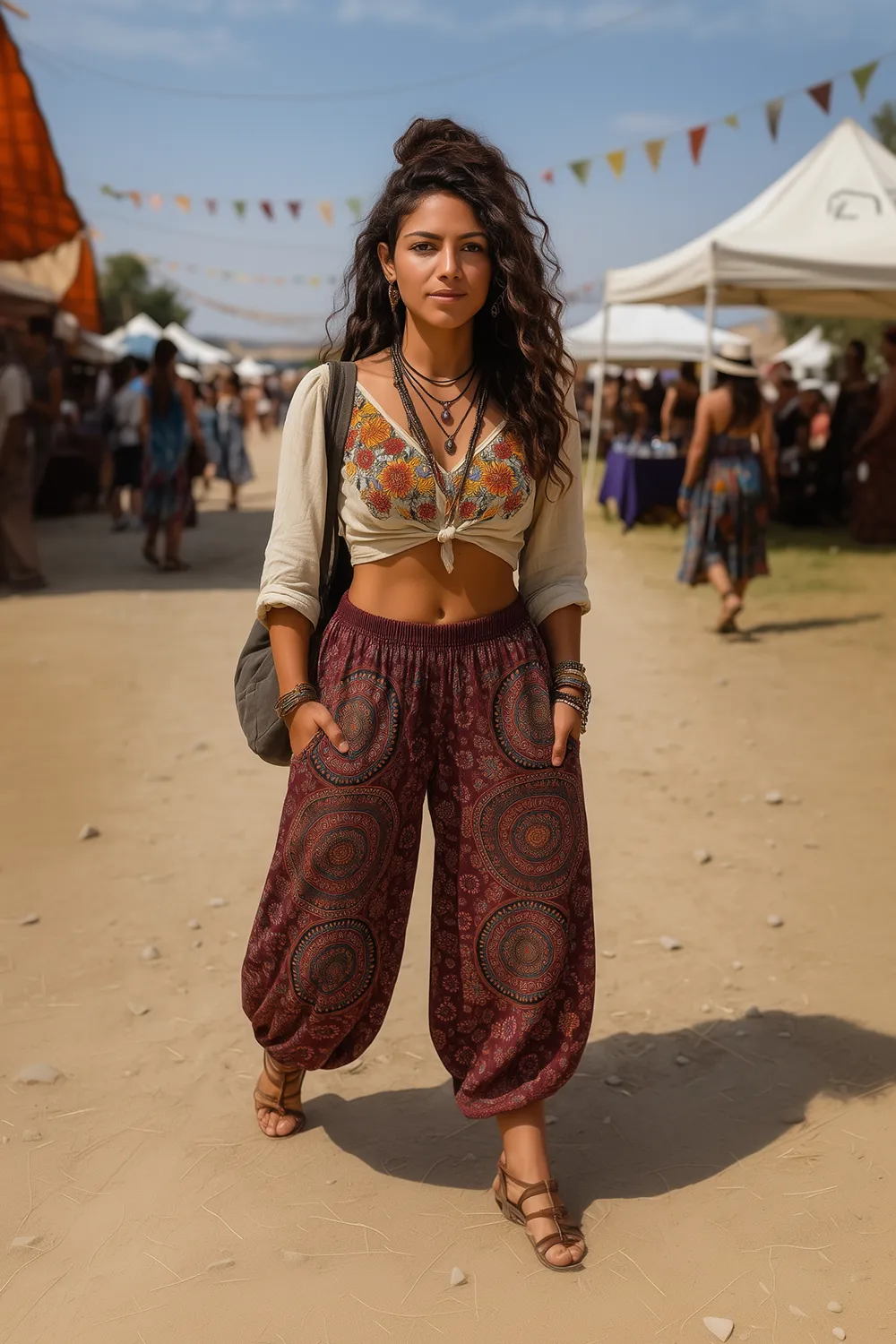 Young woman in a boho festival outfit wearing vibrant mandala print harem pants, colorful embroidered crop top, and layered accessories