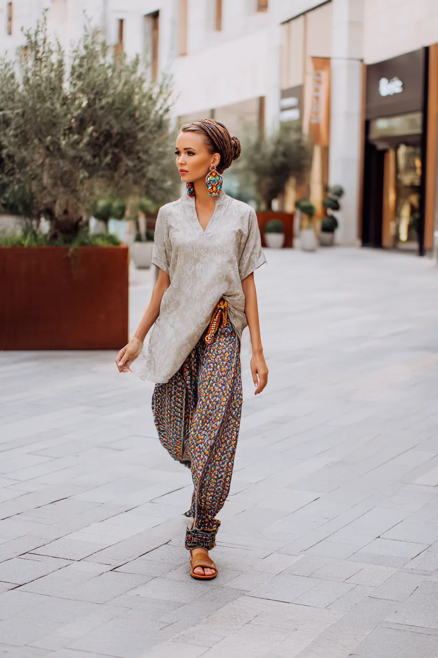 European woman wearing patterned baggy pants and a flowy kurti, styled with colorful earrings and sandals, walking through a modern city street.