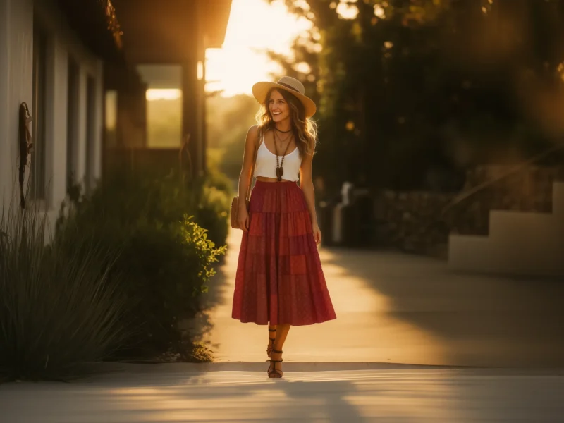 Woman in a boho-inspired summer outfit wearing a red maxi skirt, white top, and wide-brim hat walking at sunset – perfect look for warm evenings.