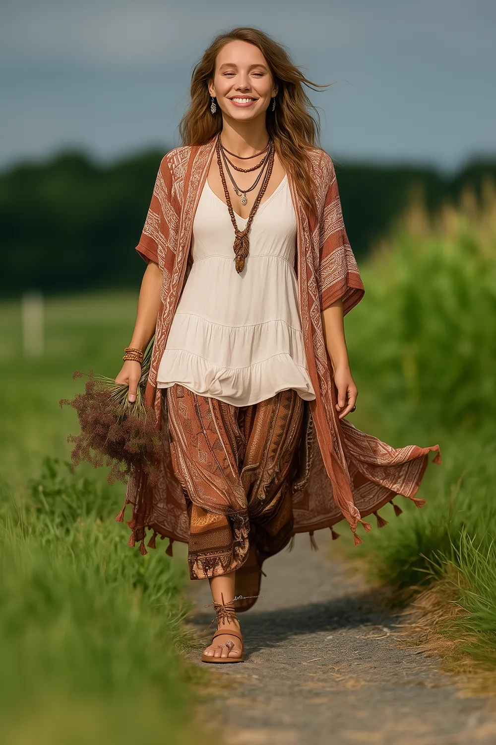 Smiling woman in a white boho summer dress, floral sandals, and rust kimono walking on a countryside path with wildflowers