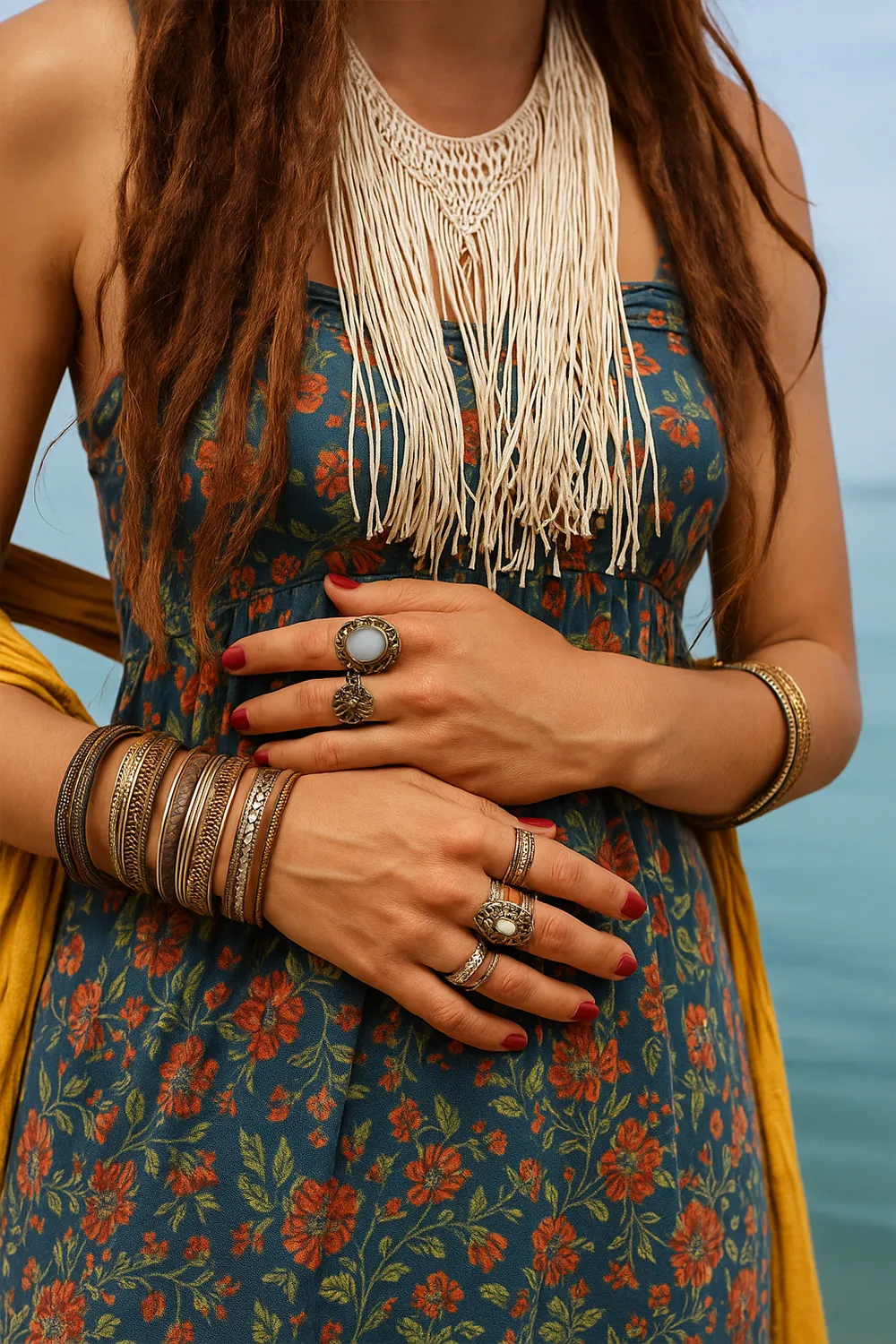 Boho woman wearing a stacked wrap bracelet with natural tones and beads, styled with layered bangles and a tribal necklace on the beach