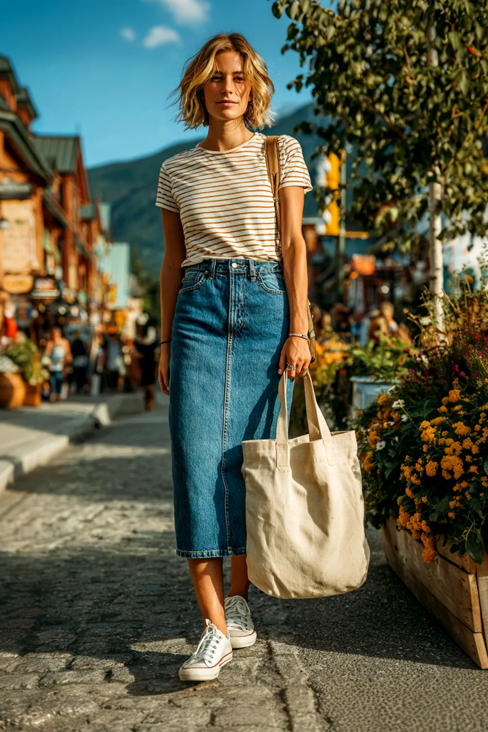 Woman in a high-waisted long denim skirt with striped T-shirt, canvas tote bag and sneakers, standing on a sunlit cobblestone street