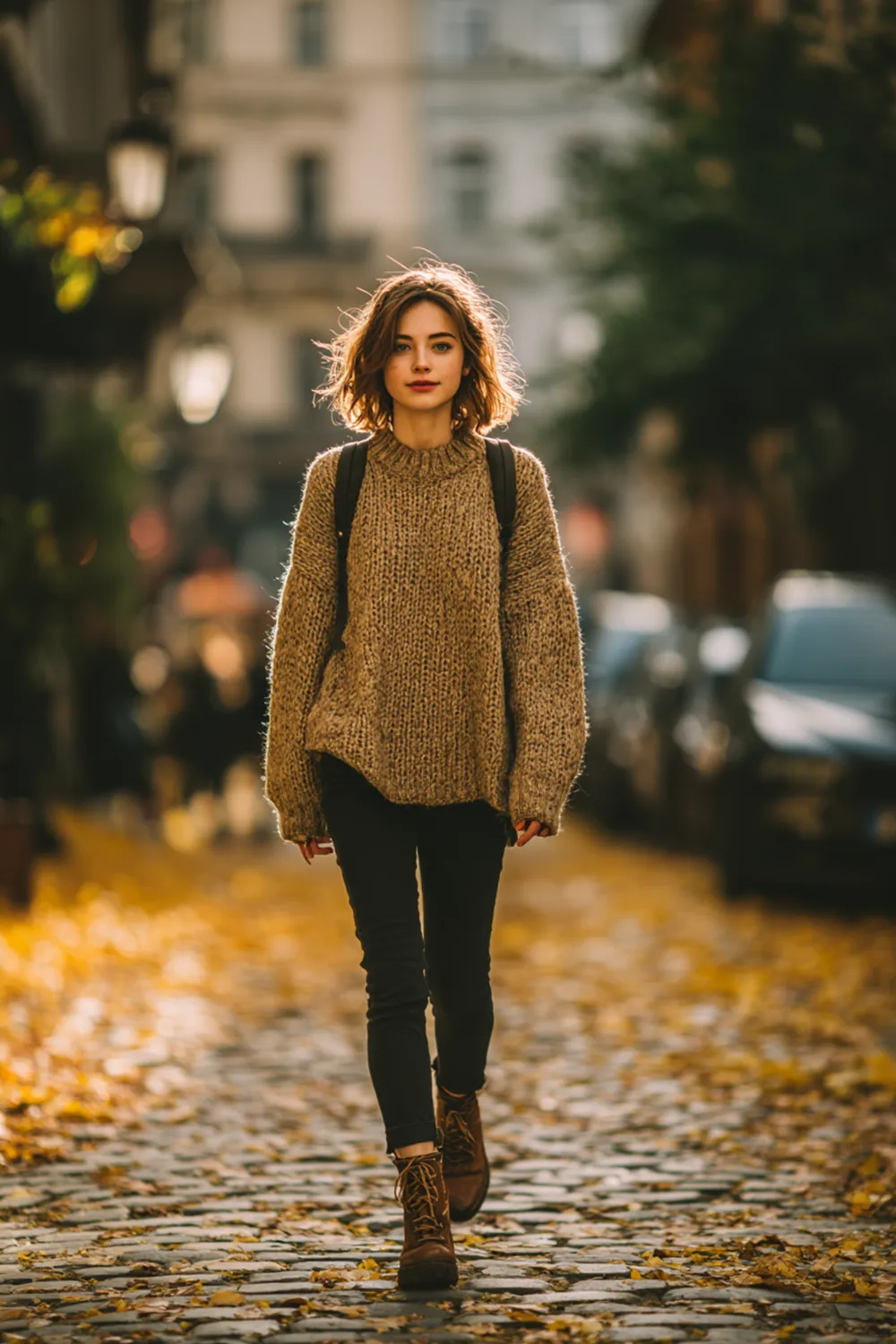 Woman in cozy fall outfit with chunky knit sweater, black skinny jeans and brown boots walking on a leaf-covered cobblestone street
