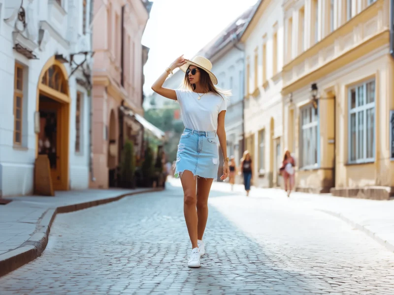 Woman walking down a European street wearing a casual summer outfit with a white tee, light denim mini skirt, sneakers and a straw hat