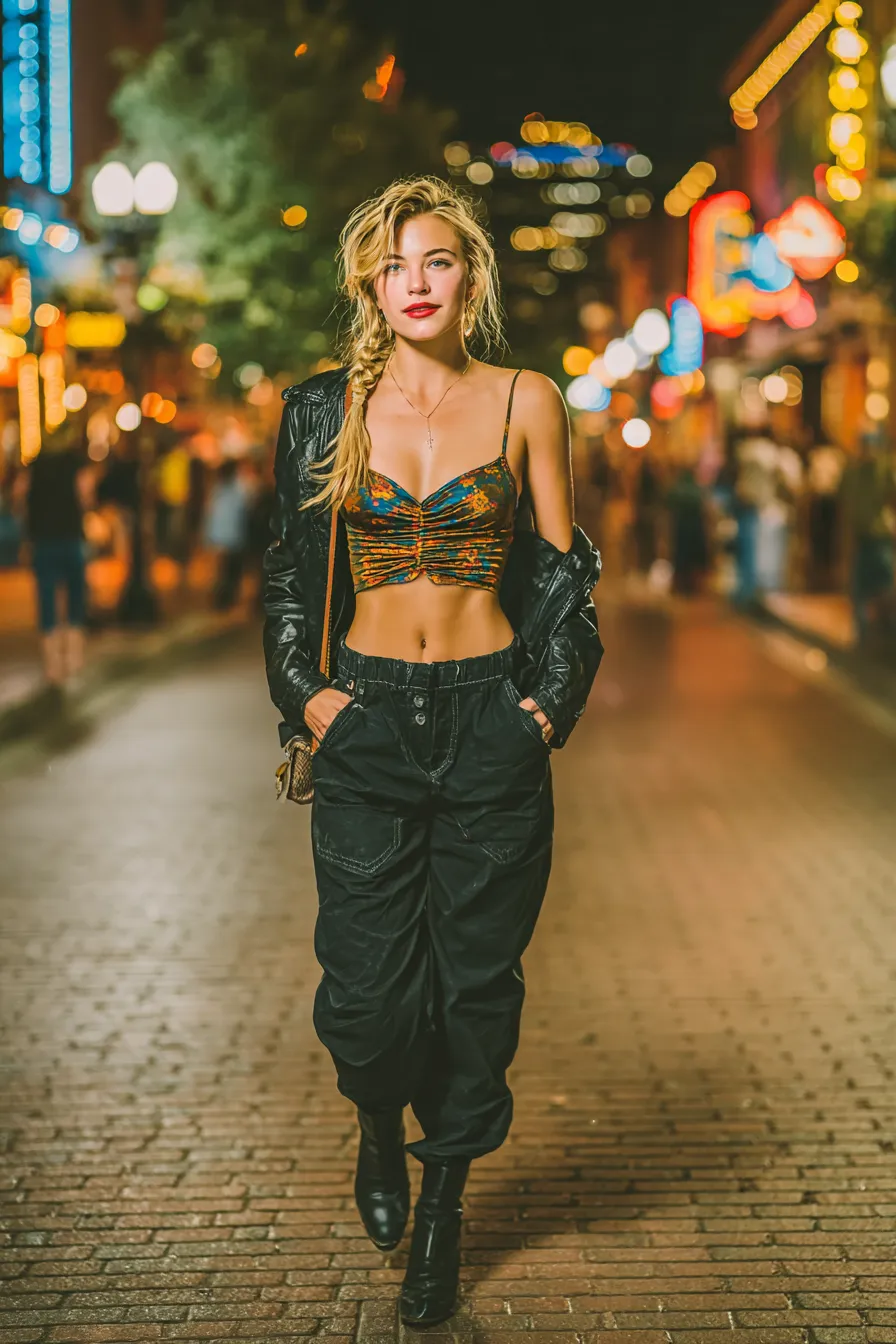 Stylish woman wearing black baggy pants, a ruched crop top, and leather jacket walking confidently through a vibrant nightlife street.