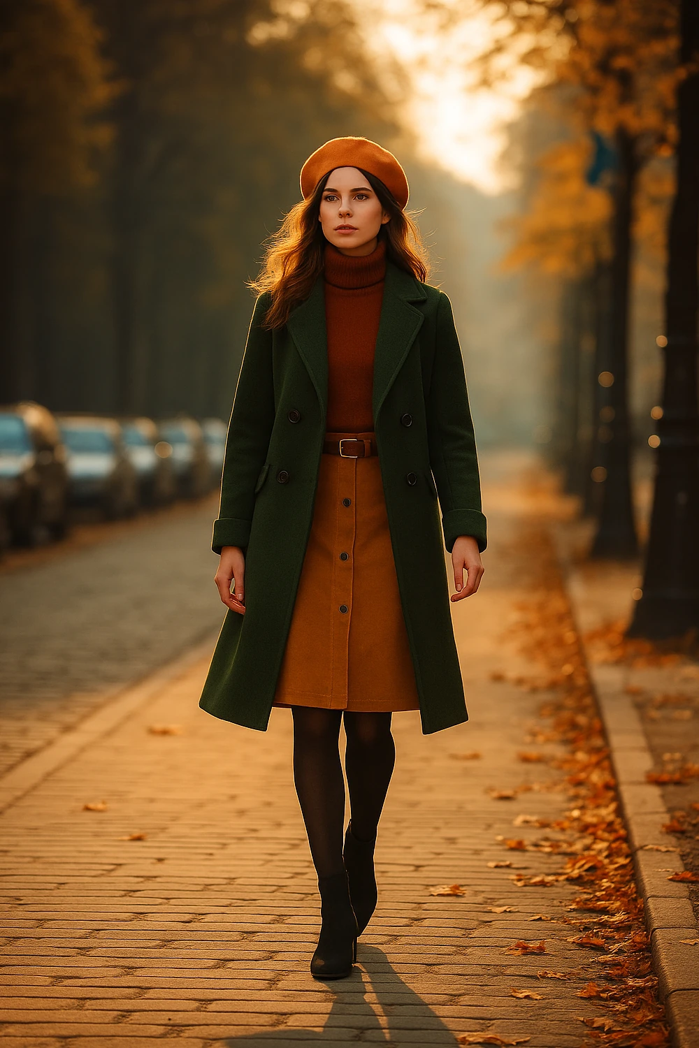 Woman in fall outfit with dark green coat, mustard dress and beret – Fall 2025 fashion trend