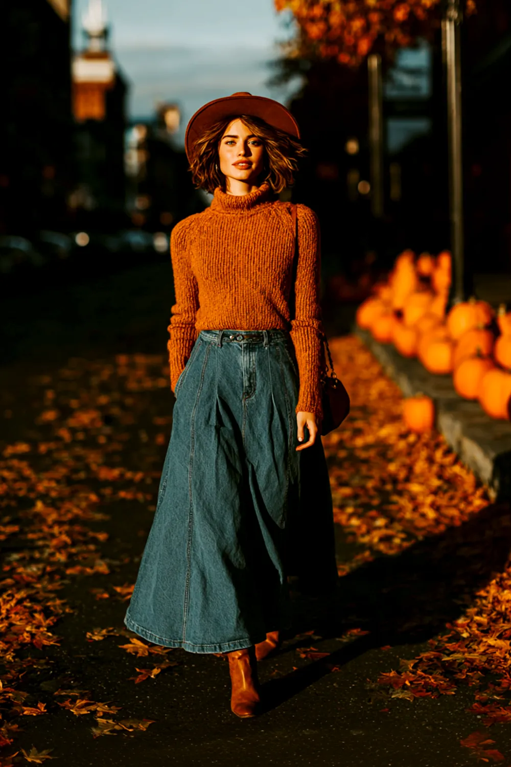 Woman in a wide long denim skirt, orange knit sweater and fall hat walking through autumn leaves and pumpkins in warm evening light