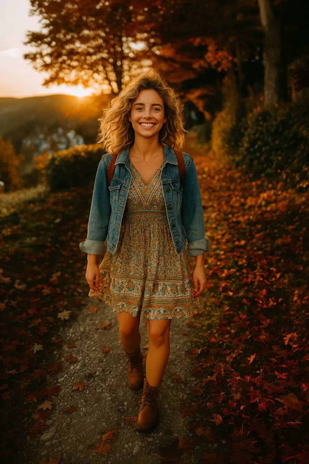 Smiling woman wearing a boho floral dress, denim jacket, and brown combat boots walking on an autumn path with golden sunlight