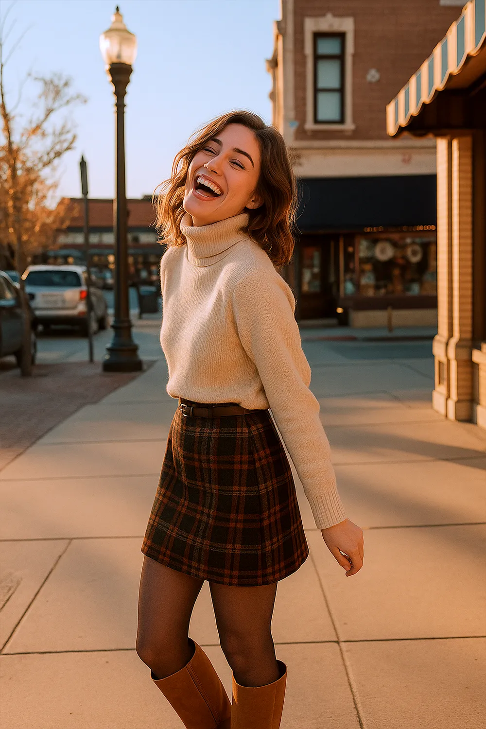 Young woman smiling in a cozy fall outfit with a cream turtleneck sweater, plaid mini skirt, black tights, and suede knee-high boots walking through a leaf-covered park path