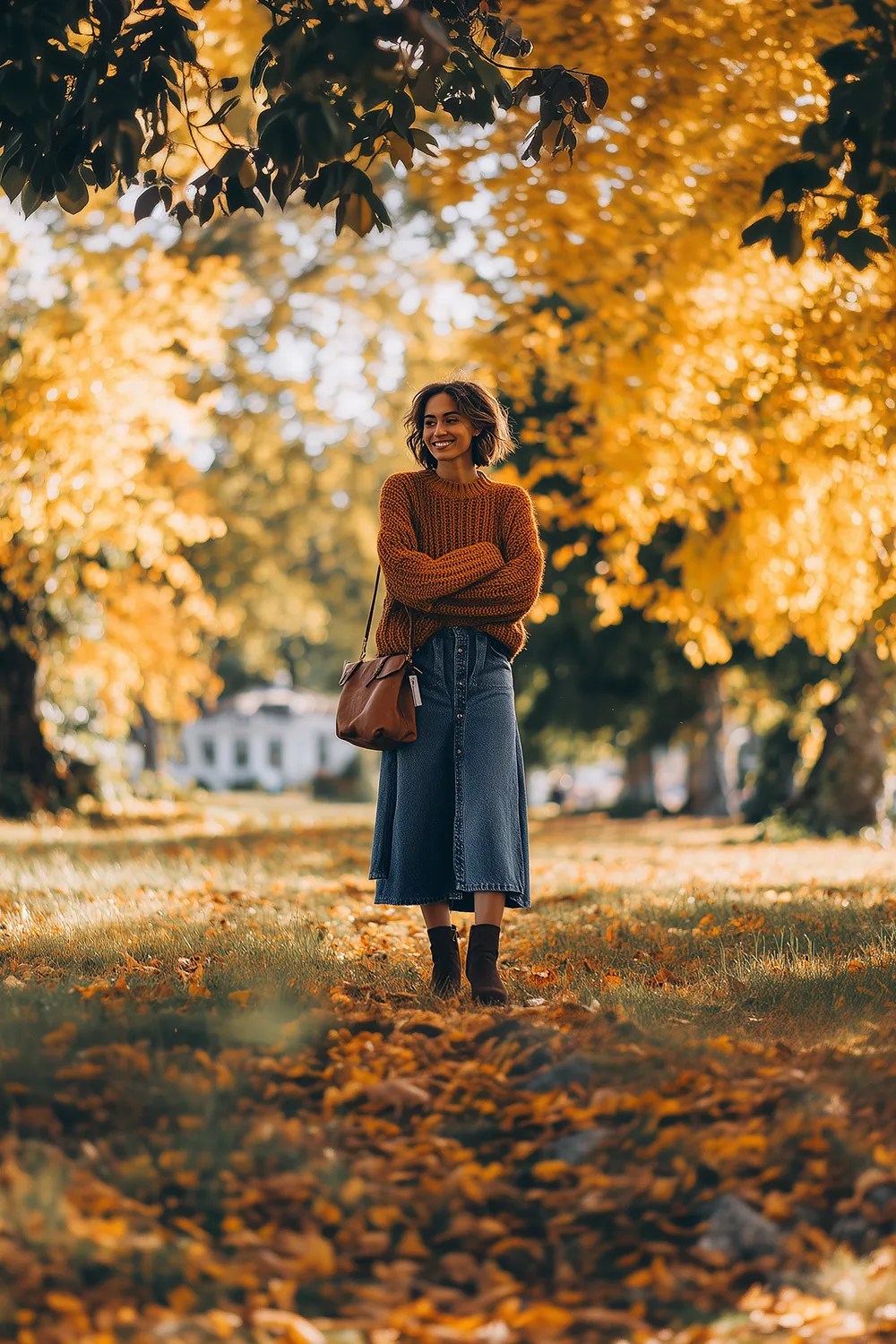 Smiling woman in a high-waist button-front denim midi skirt, chunky orange knit sweater and ankle boots walking through colorful autumn leaves