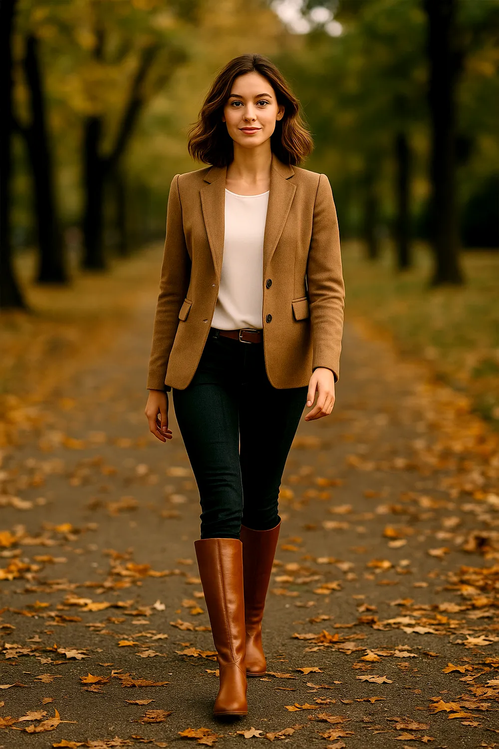 Young woman wearing dark skinny jeans, a beige blazer, white blouse, and brown knee-high riding boots walking on an autumn leaf-covered path