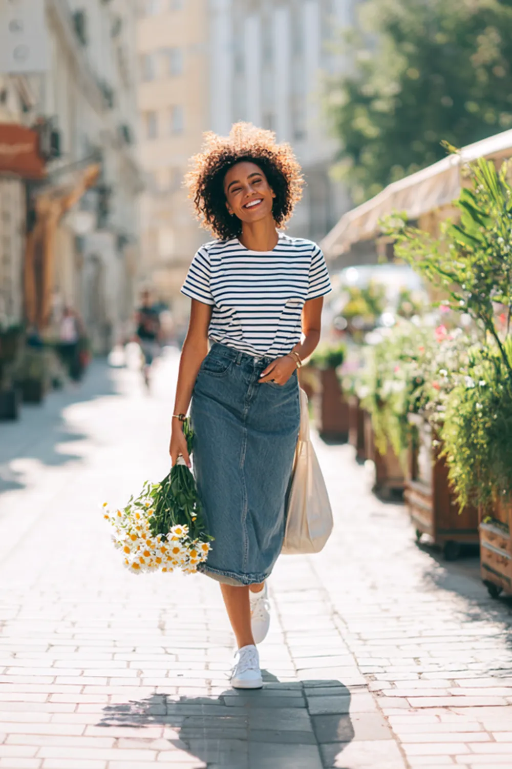 Smiling woman in a high-waist denim midi skirt and striped T-shirt walking on a sunny street, holding a bouquet of daisies