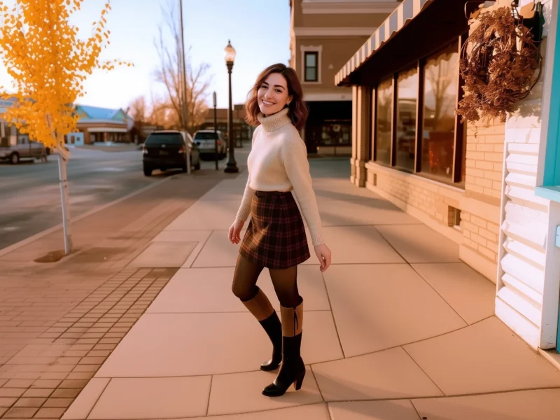 Smiling young woman wearing a plaid mini skirt with turtleneck sweater and boots in a chic fall street style look