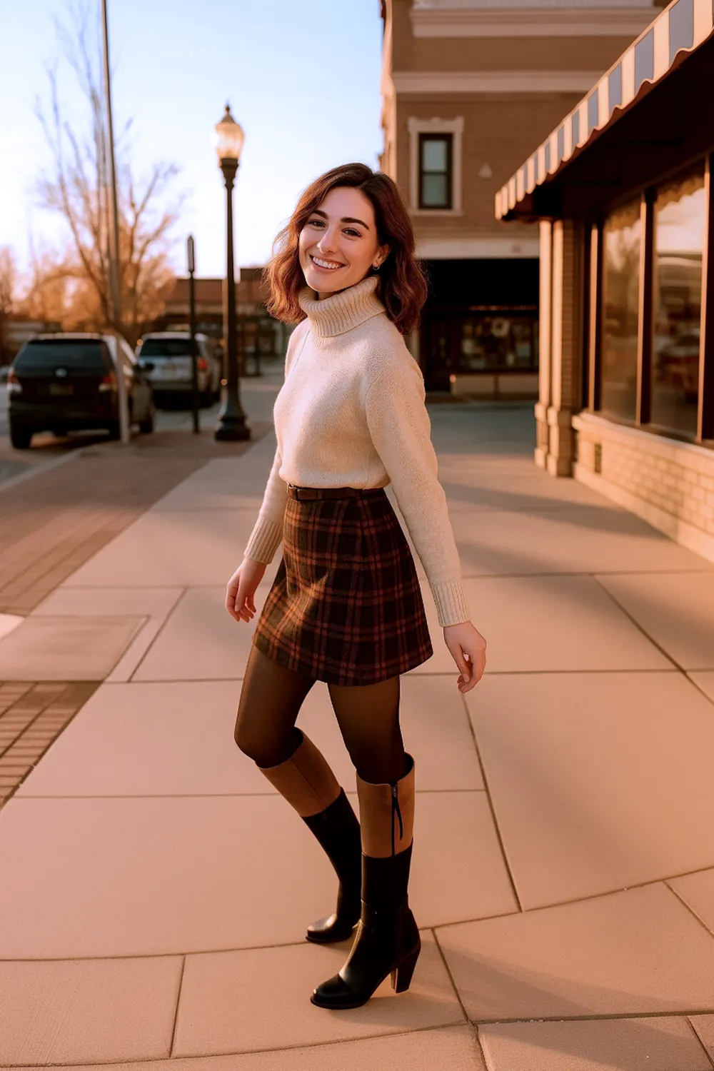 Woman in cream turtleneck sweater, plaid skirt and knee-high boots walking on a city sidewalk in fall