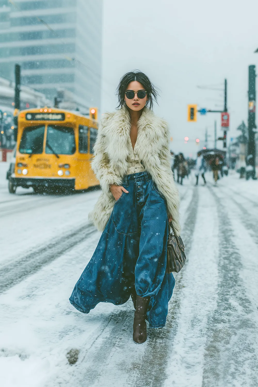Fashionable woman in a long denim skirt, faux fur coat and boots walking through a snowy city street in winter