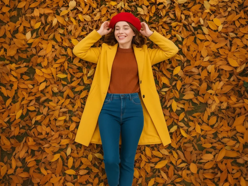 Smiling young woman in yellow coat and red beret lying on autumn leaves enjoying the fall season