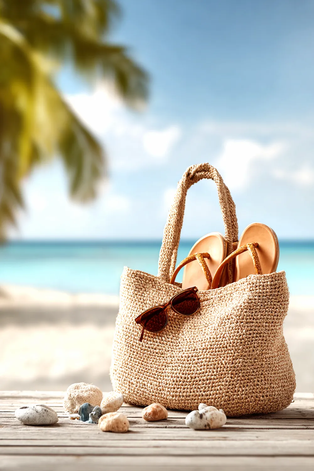Straw beach bag with sandals and sunglasses on a wooden deck by the ocean — must-have essentials for a stylish beach vacation.