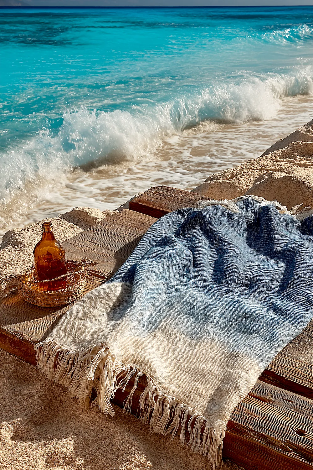 Woven beach blanket and glass bottle on wooden deck near turquoise ocean waves — peaceful beach vacation moment.
