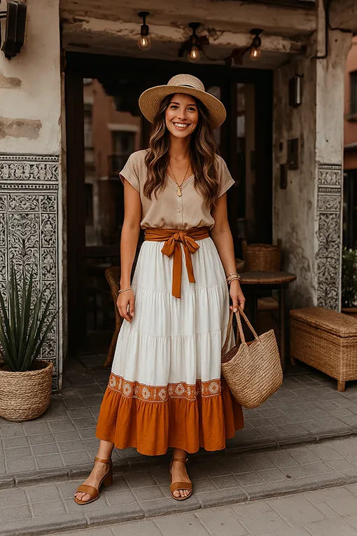 Chic everyday summer outfit with maxi skirt and straw accessories Smiling woman in a chic everyday summer outfit wearing a flowy maxi skirt, beige blouse, and straw hat, styled for casual street fashion.