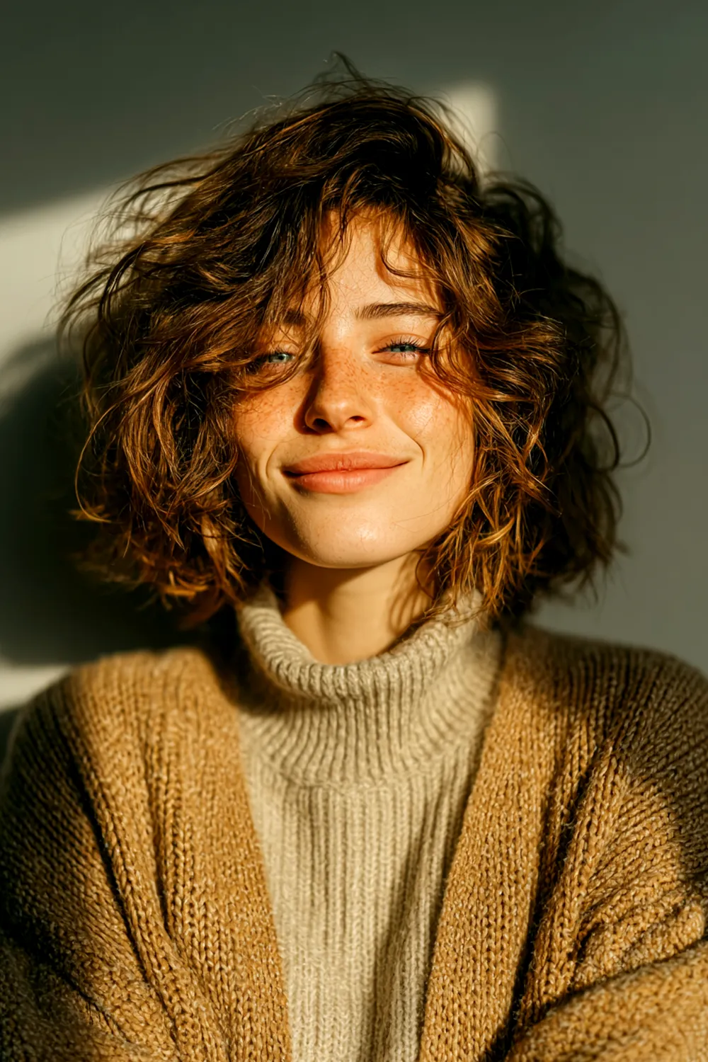 Close-up portrait of a smiling woman wearing a cozy knit sweater and cardigan in warm sunlight