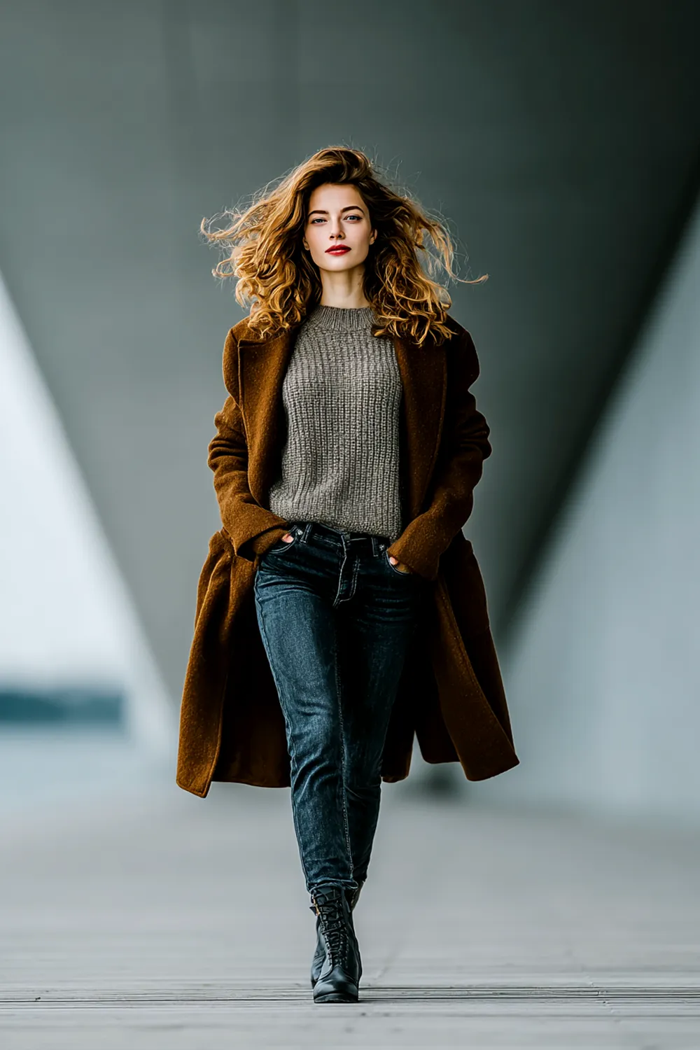 Cozy-Chic Sweaters & Cardigans Fall Outfit Full-body shot of a woman in a cozy-chic sweater layered under a long cardigan walking down a sunlit street