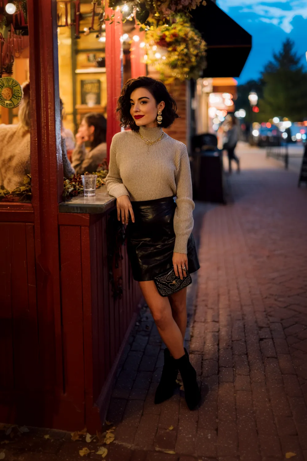 Woman wearing a fitted turtleneck sweater tucked into a faux-leather skirt leaning against a bistro window at dusk