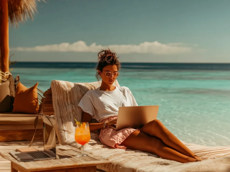 Young woman working on laptop while relaxing on a tropical beach with cocktail in the sun