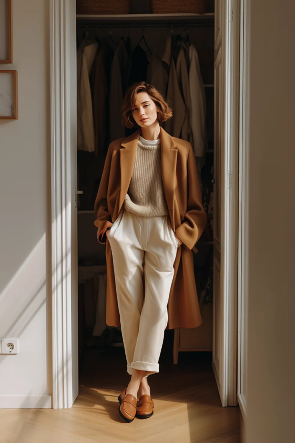 Fall Capsule Workwear: Camel Coat, Knit Sweater & Loafers Stylish woman in a fall capsule wardrobe outfit with a camel coat, beige knit sweater and loafers, standing in front of an open closet with soft natural light
