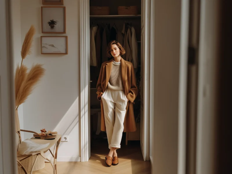 Woman in a fall capsule wardrobe outfit wearing a camel coat, knit sweater, cream trousers and loafers, standing in a bright minimalist closet room