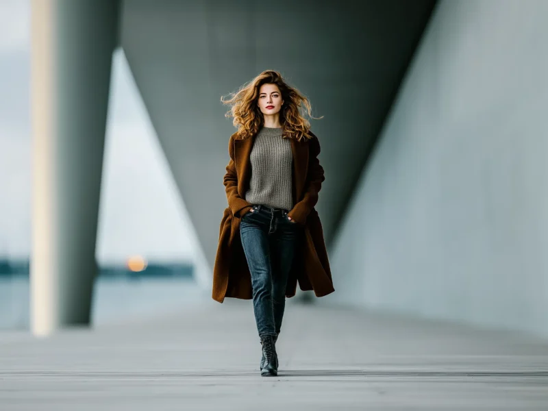 Stylish woman walking confidently in a brown long coat, chunky knit sweater, dark jeans and lace-up boots – modern fall street style