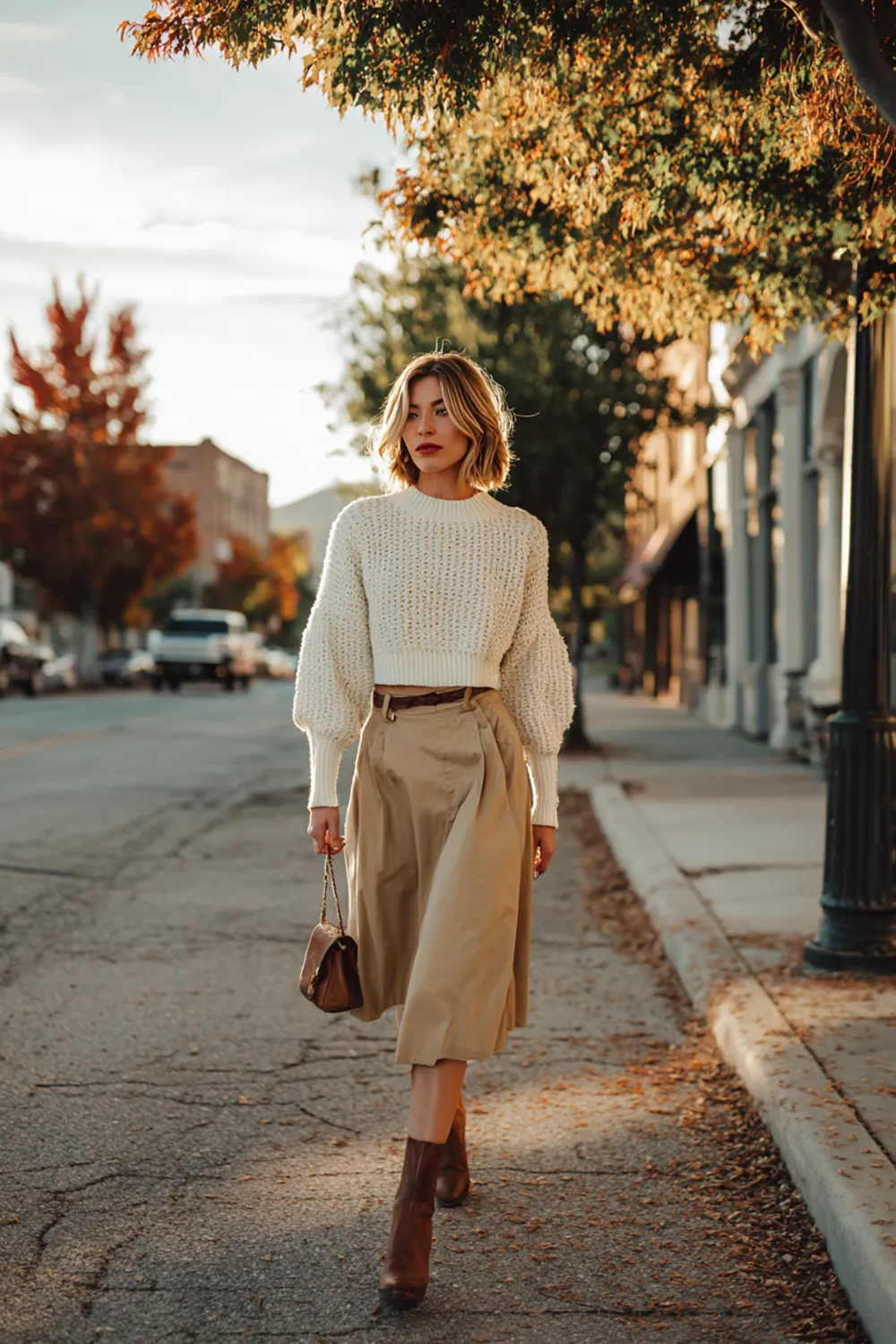Woman wearing a fall office outfit with a cropped knit sweater, high-waisted midi skirt and brown ankle boots, walking confidently down a quiet street