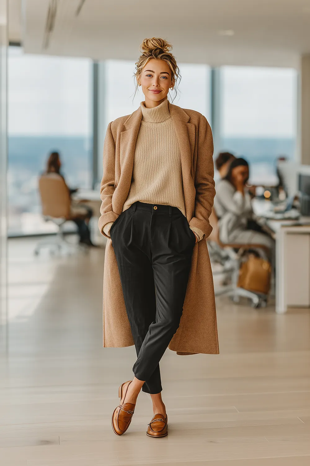 Confident woman in a chic fall office outfit with camel coat, beige turtleneck, black tailored pants and brown loafers, standing in modern workspace