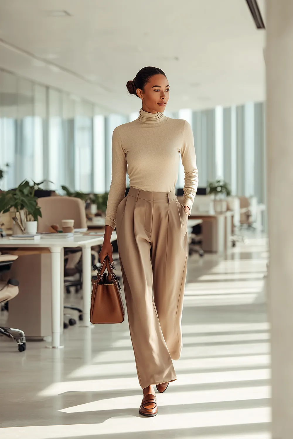 Stylish woman walking through a modern office in a fall workwear outfit with beige turtleneck, wide-leg trousers, brown loafers and structured bag