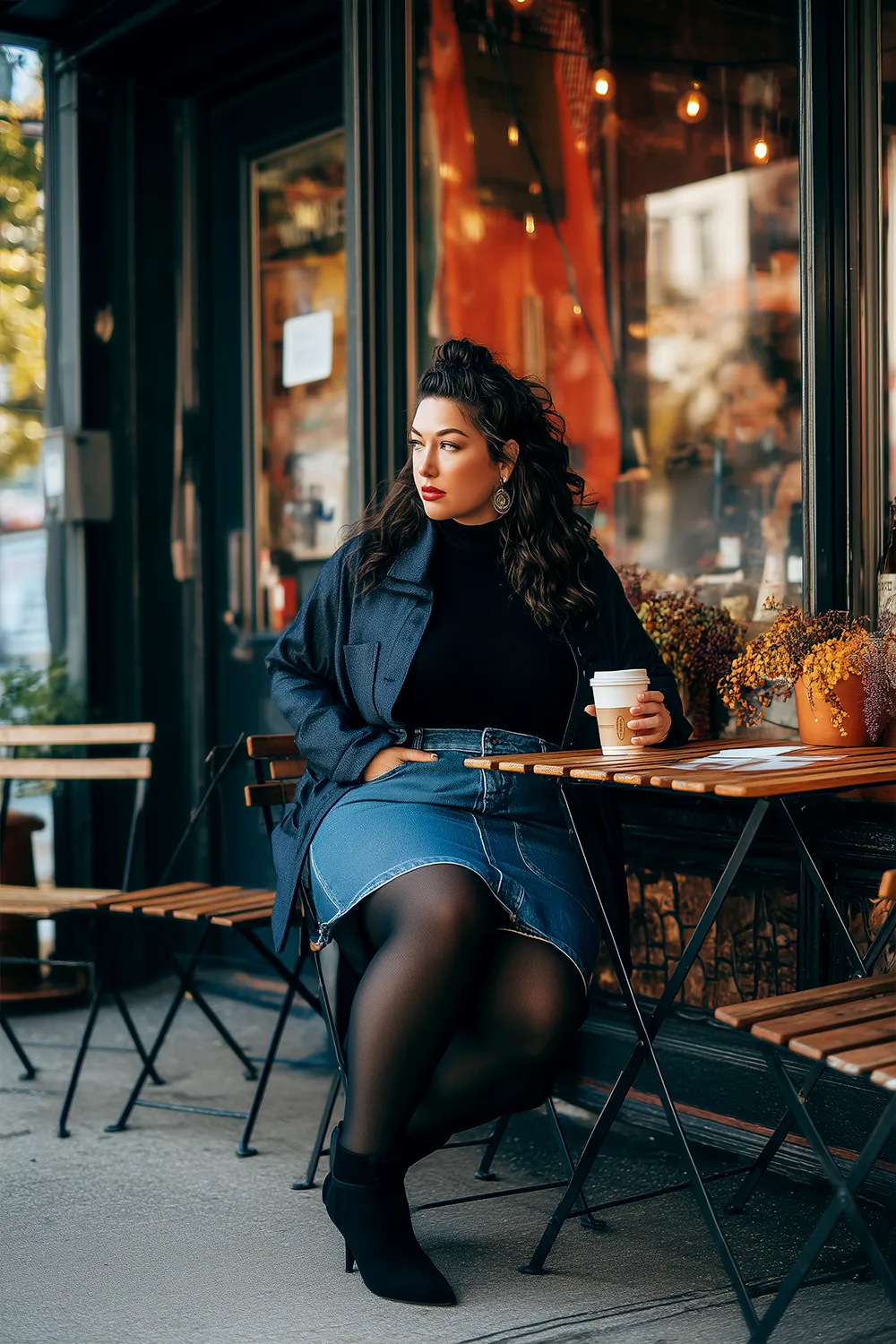Plus size woman in denim skirt, black tights and ankle boots sitting at an outdoor café with a coffee in hand
