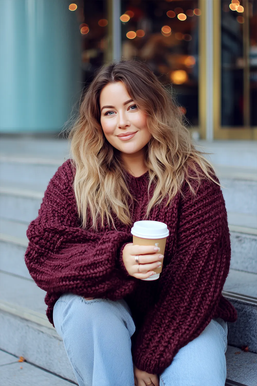 Plus size woman in a chunky burgundy sweater and high-waisted jeans holding coffee on city steps