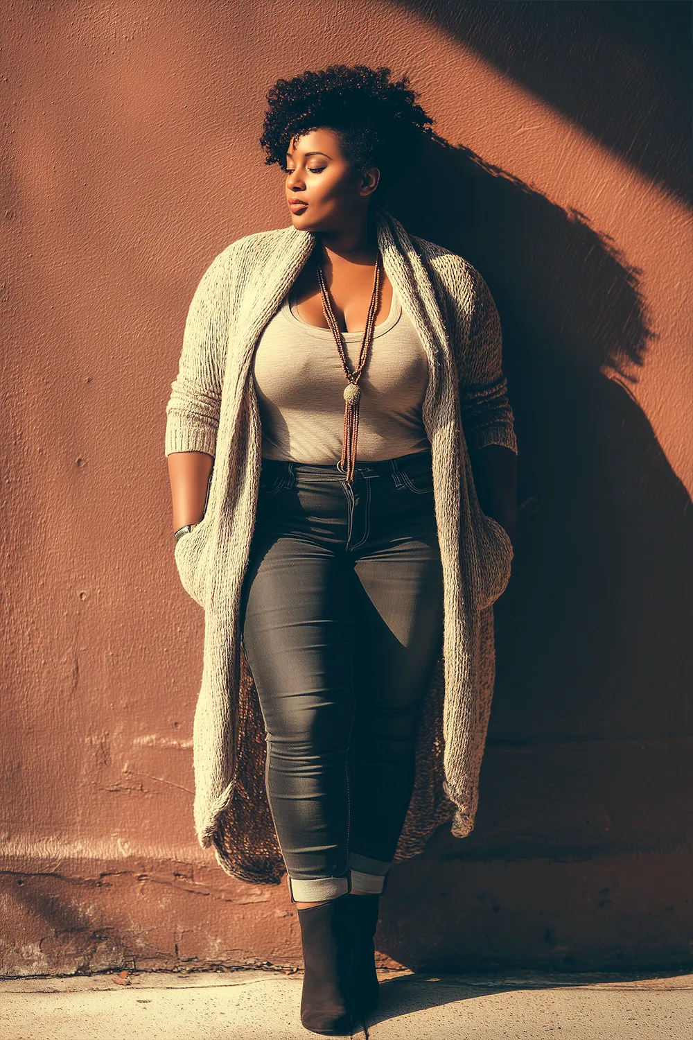Plus size woman in long cardigan, fitted top, and high-waisted jeans standing confidently in fall light