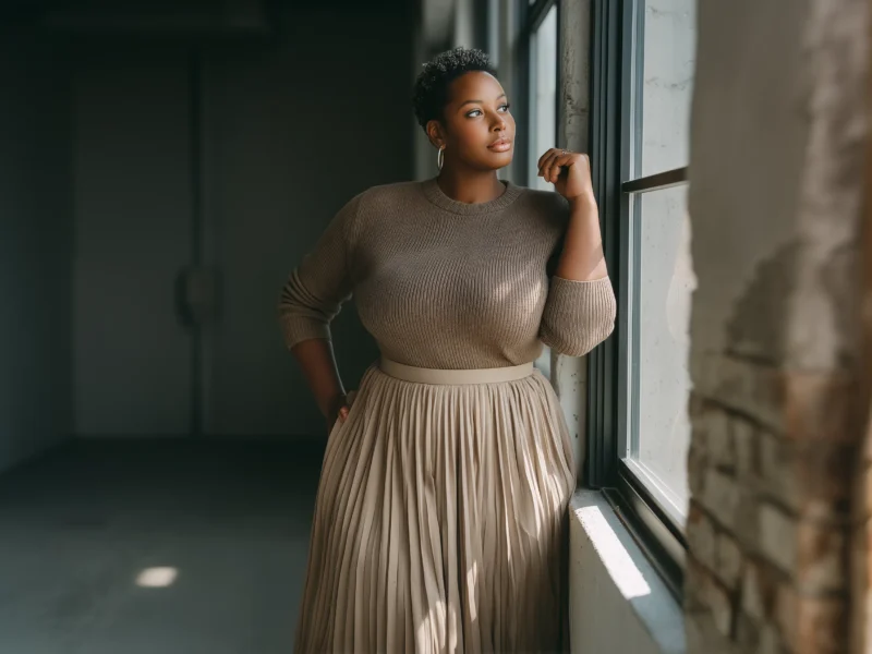 Plus size woman in pleated skirt and knit top standing by a window with soft natural lighting in a spacious room