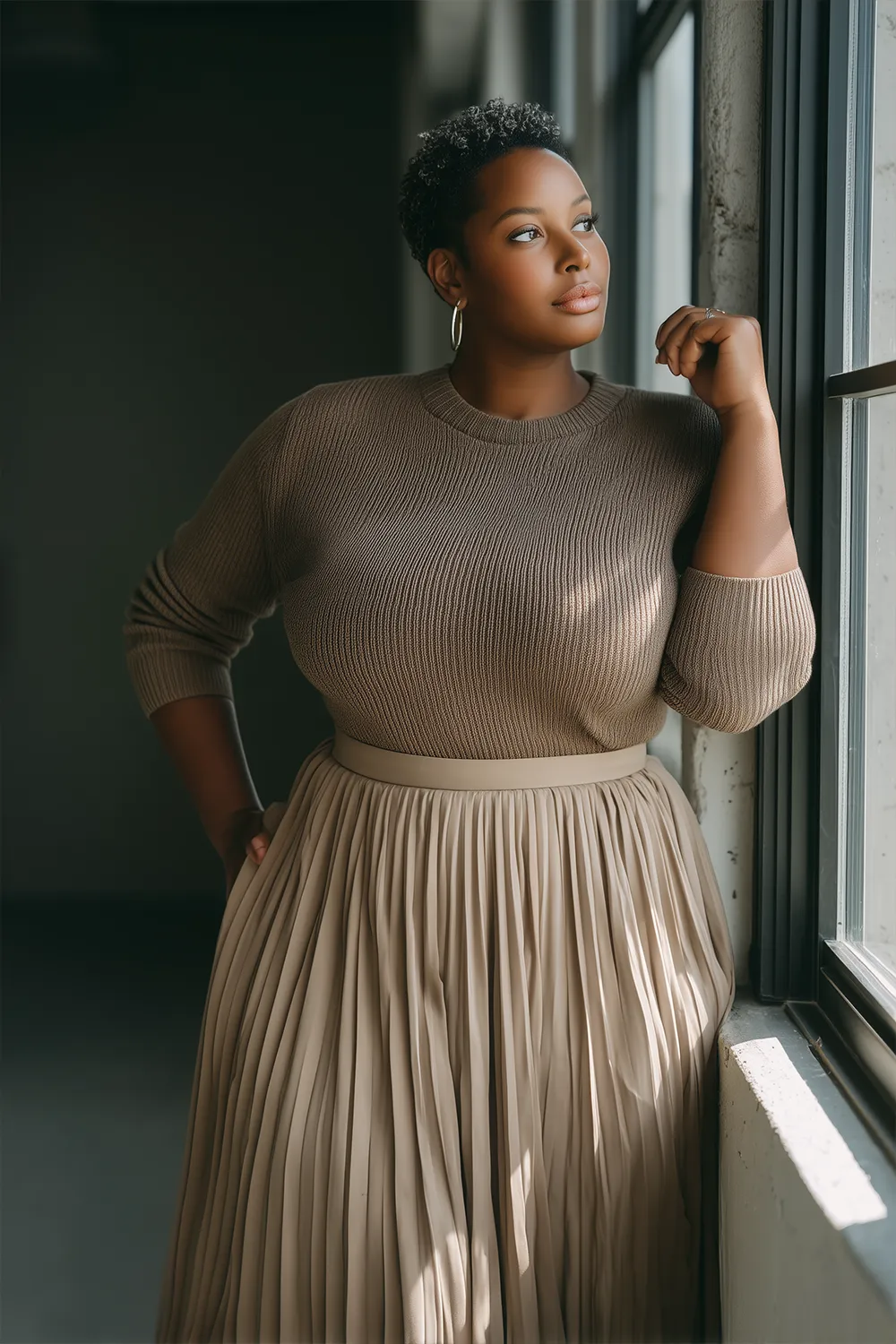 Elegant Plus Size Fall Outfit with Pleated Skirt and Knit Top by the Window Curvy woman in a pleated midi skirt and knit top standing by a window with soft natural light
