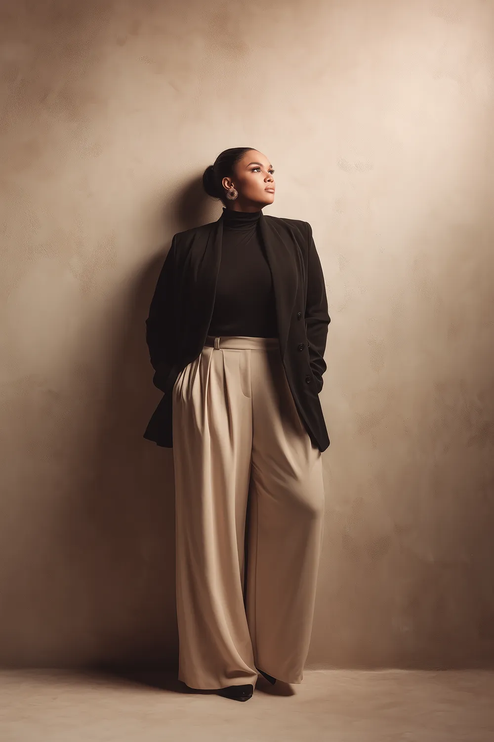 Plus size woman in wide-leg trousers, fitted black turtleneck and blazer posing confidently against a neutral studio background